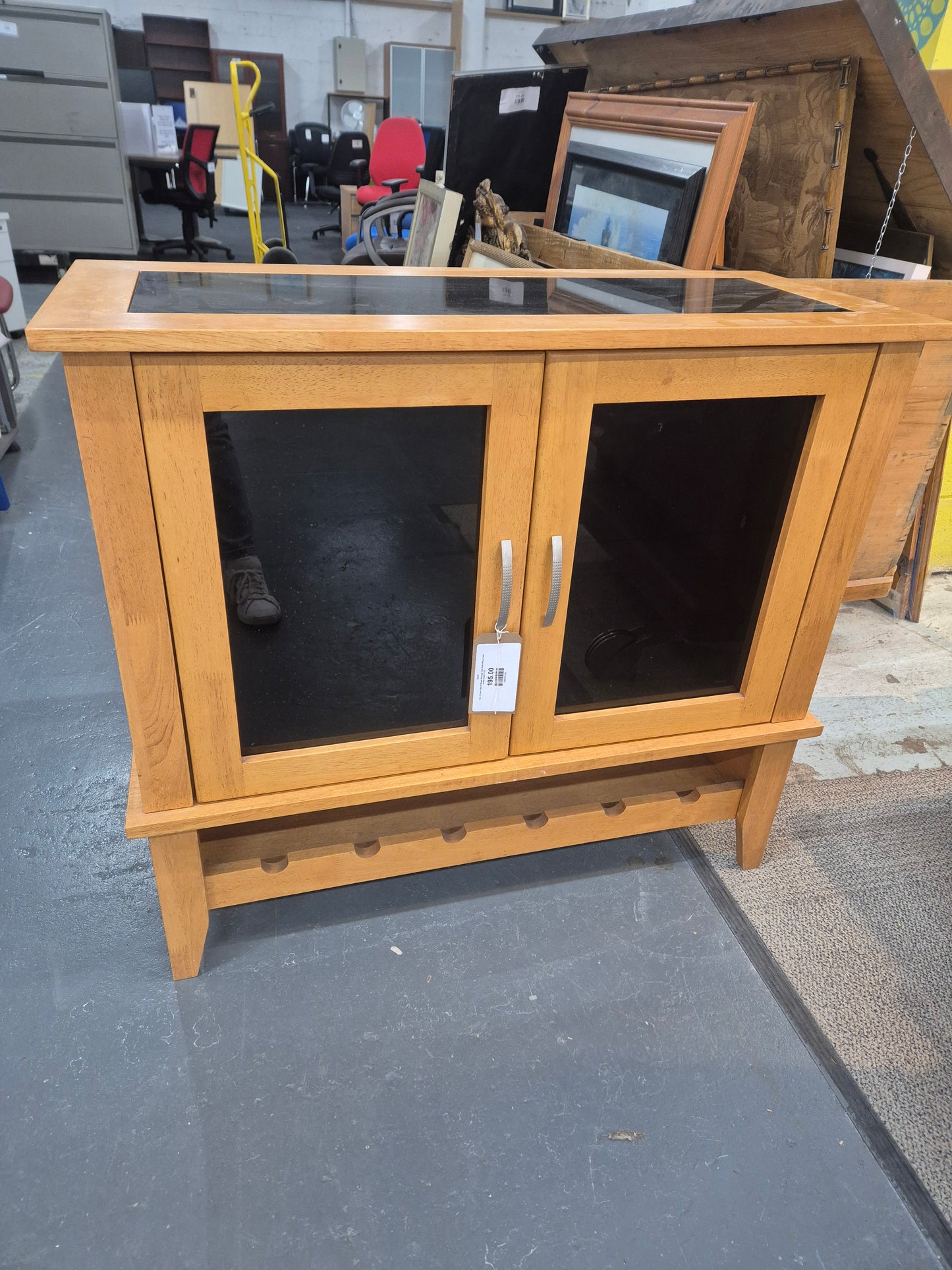 Oak 2 Door Black Glass Storage Unit With Wine Rack Underneath 1125