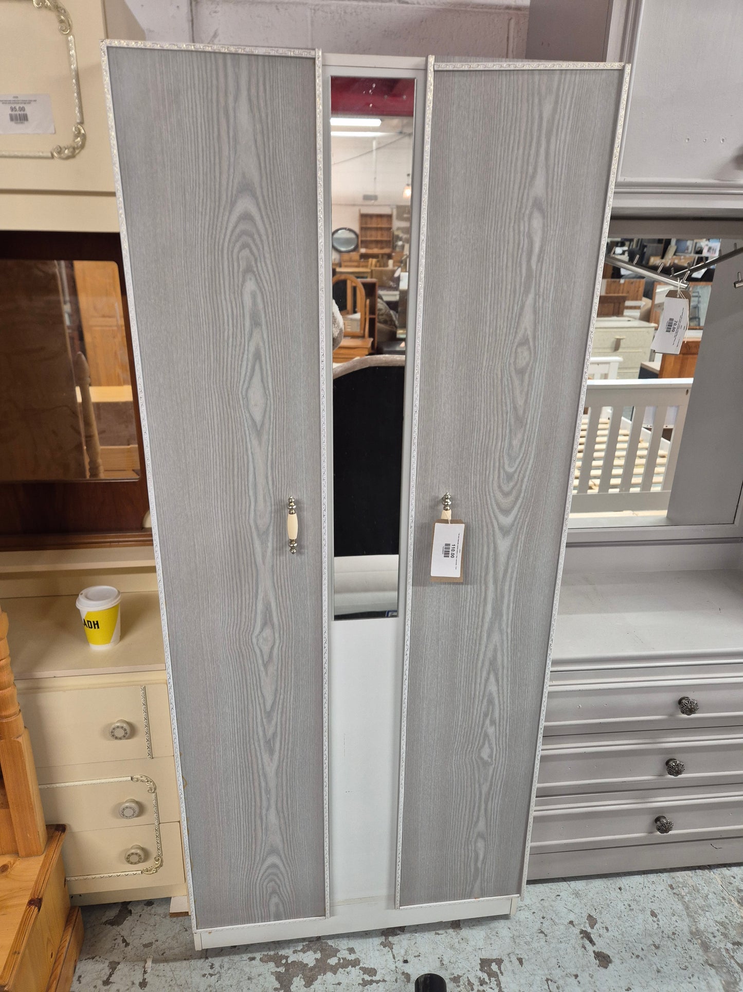 Tall grey laminate central mirror 2 door wardrobe  3324