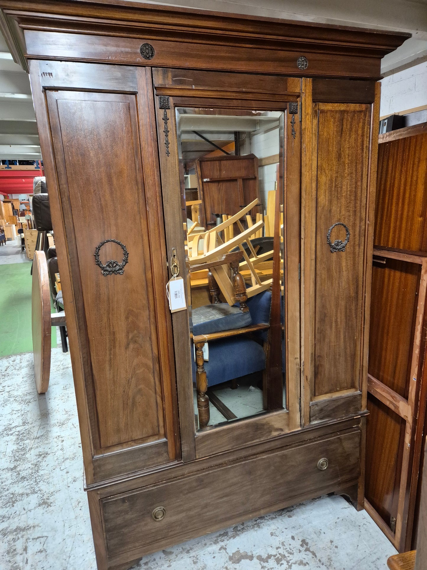 Tall Antique mahogany 2 door wardrobe with base drawer and central mirror%A0 4224