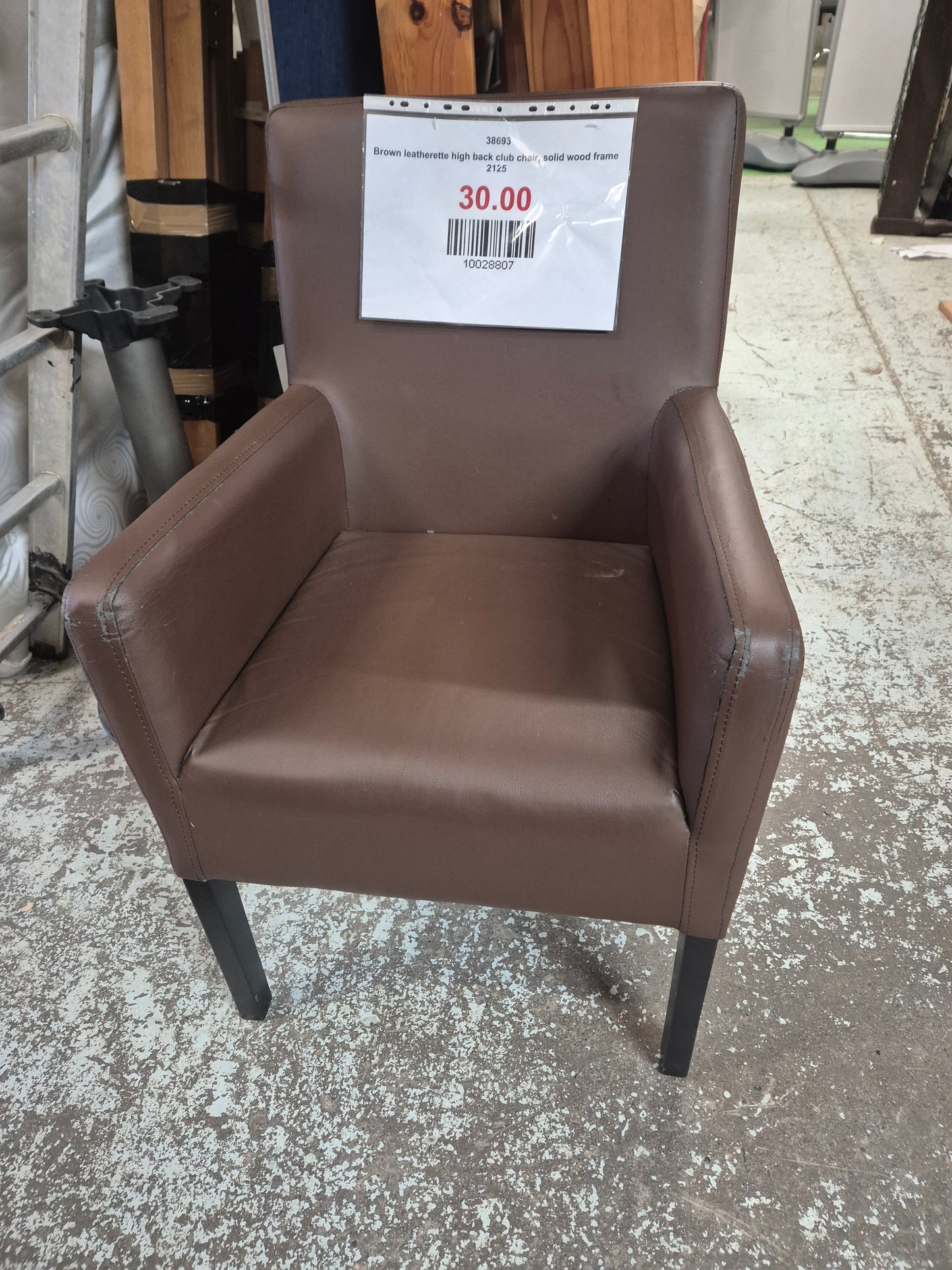 Brown leatherette high back club chair, solid wood frame  2125