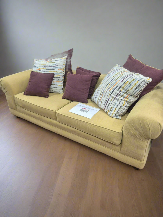 3 seater roll back low frame mixed  yellow fabric suite with scatter cushions%A0 1125