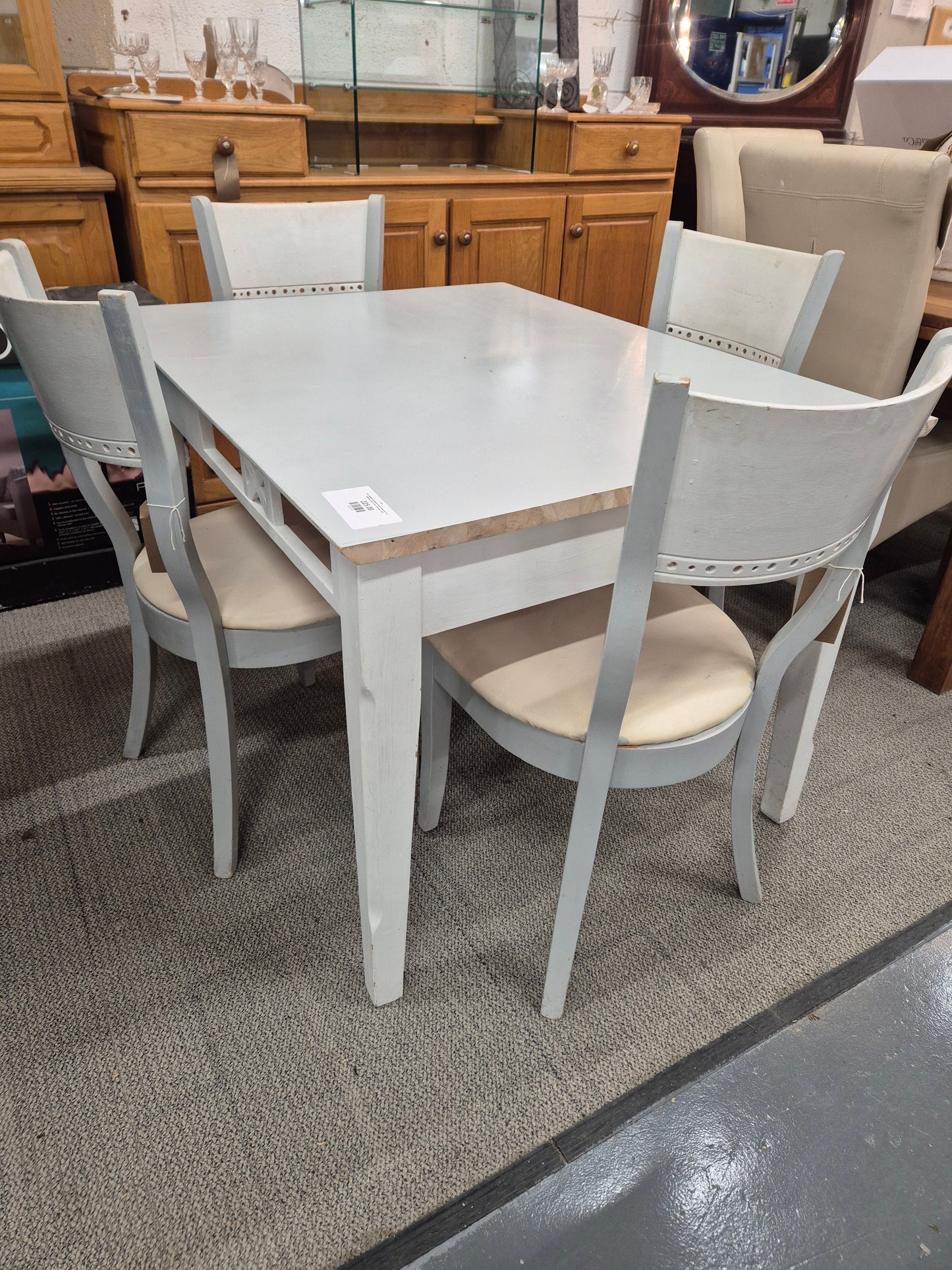 Grey painted rectangular kitchen table with 4 matching chairs