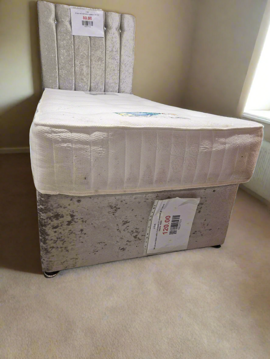 3ft divan base with 2 drawers in crushed grey velvet fabric  4224