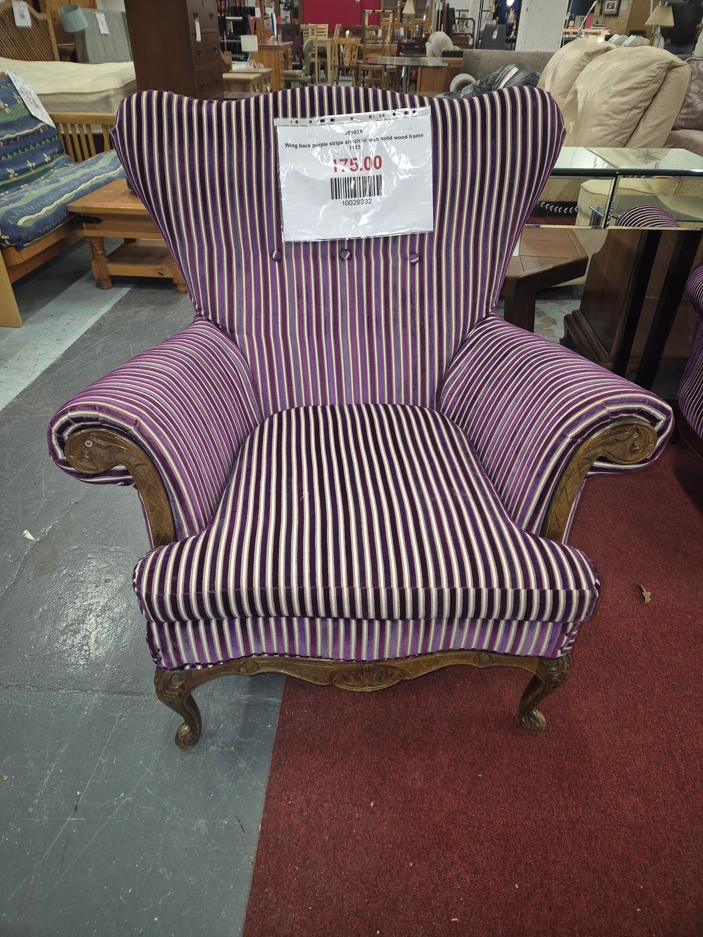 Wing back purple stripe armchair with solid wood frame 1125