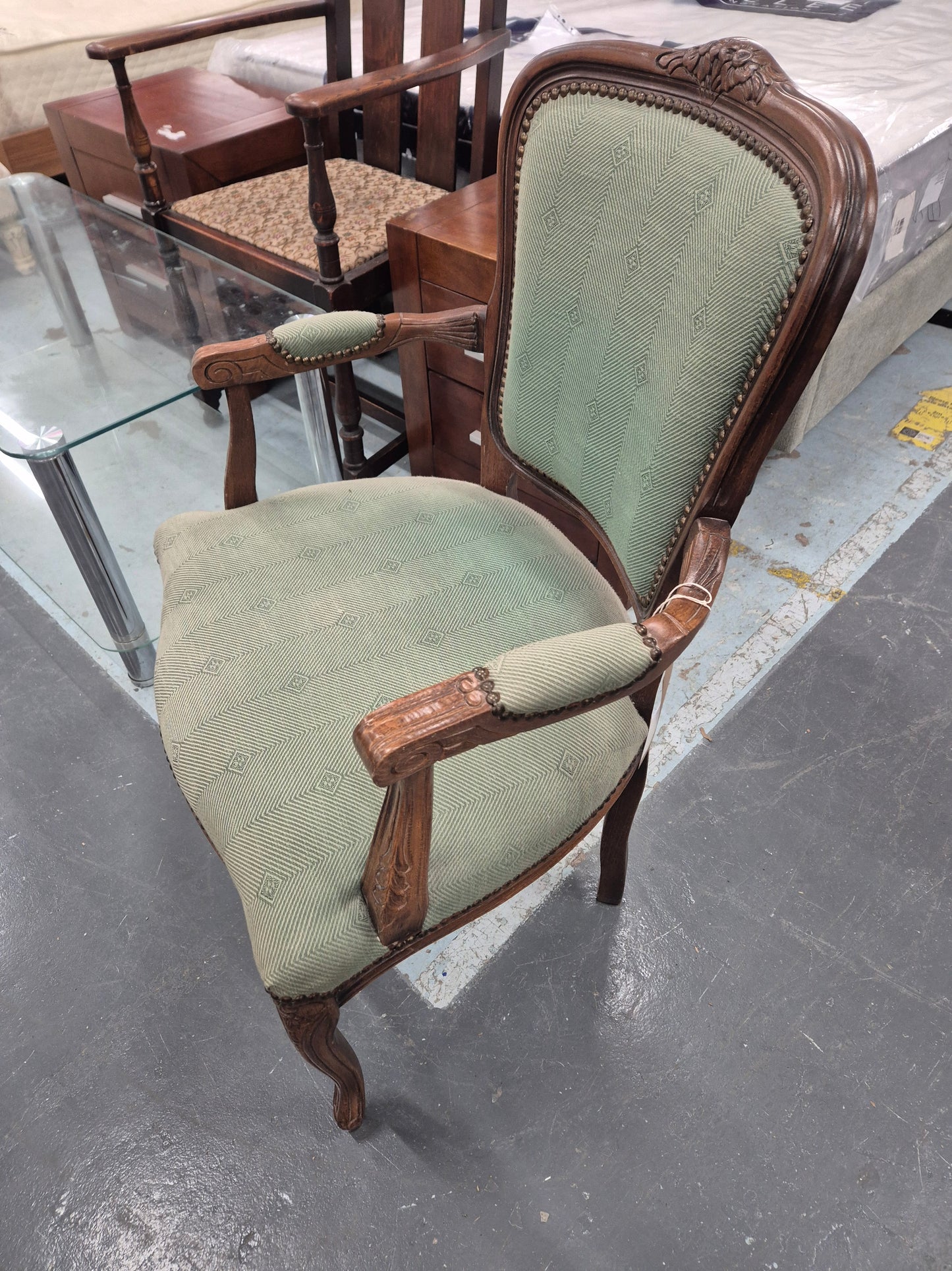 Italian limogue, solid dark wood armchair with green mix fabric  1125