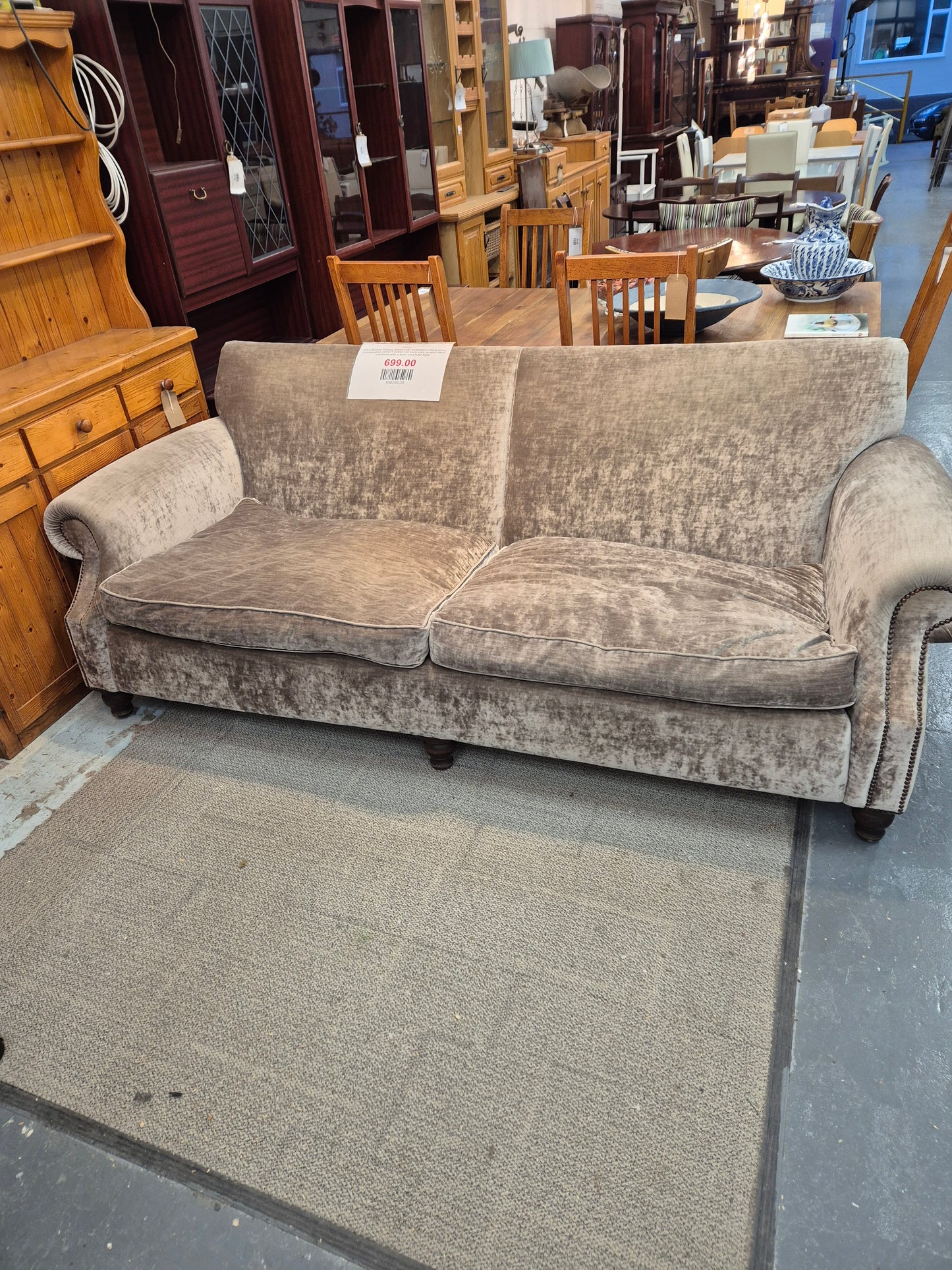 John Sankey Tolstoy grand sofa, scalloped rolling arms, crushed grey velvet 2 seater roll back sofa, feather filled cushions with a foam core%A0 4224