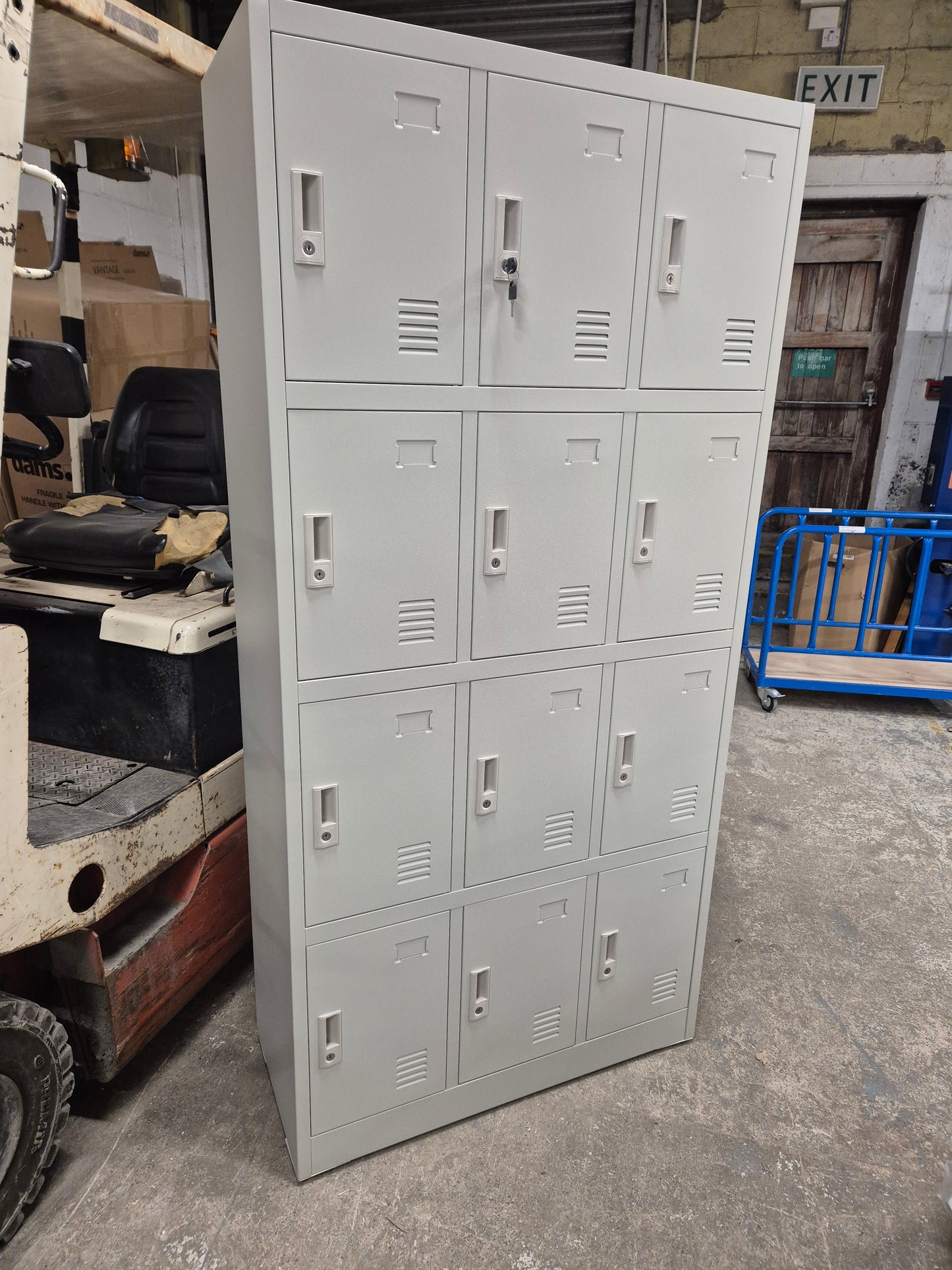 NEW  Stock 12 door personal lockers with keys in grey metal 900W x 400D x 1850H