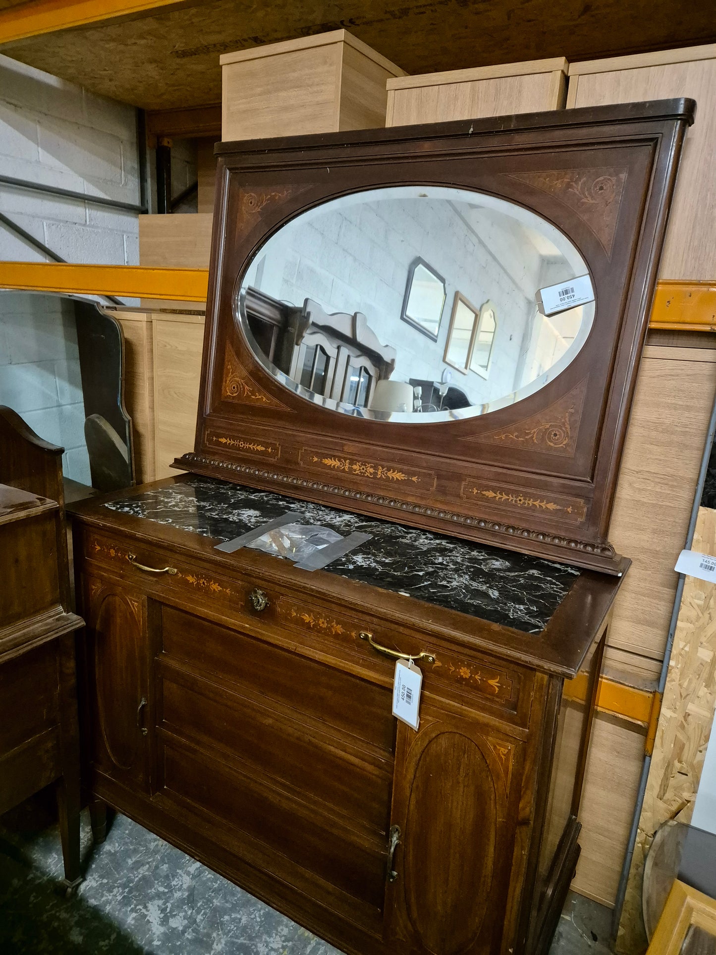 Solid mahogany inlaid 3 drawer 2 door sideboard with black marble insert and mirror 2224