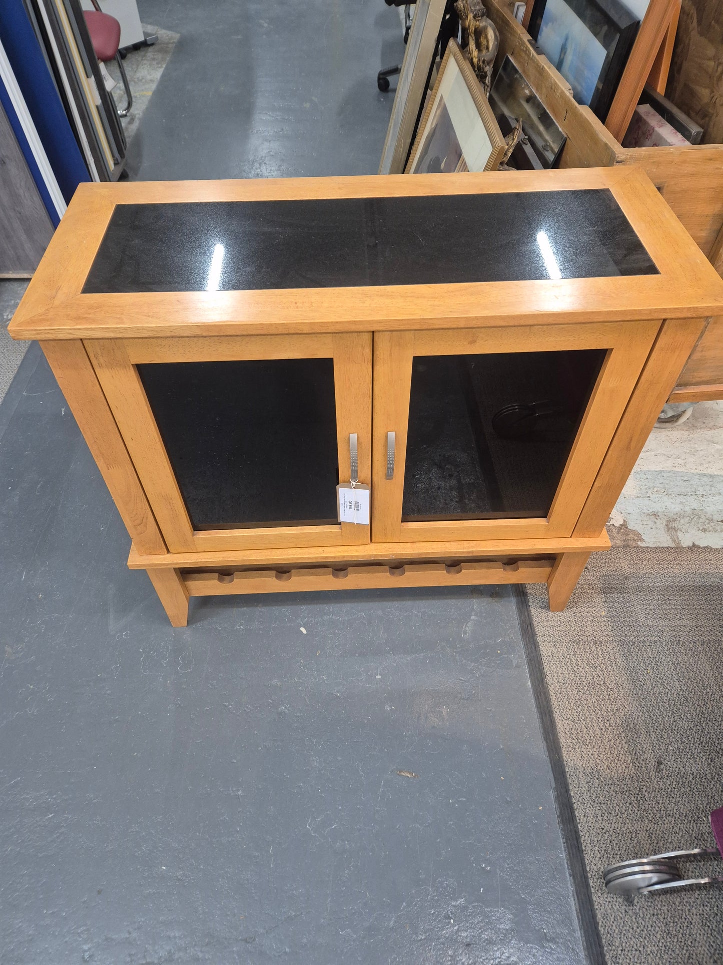 Oak 2 Door Black Glass Storage Unit With Wine Rack Underneath 1125