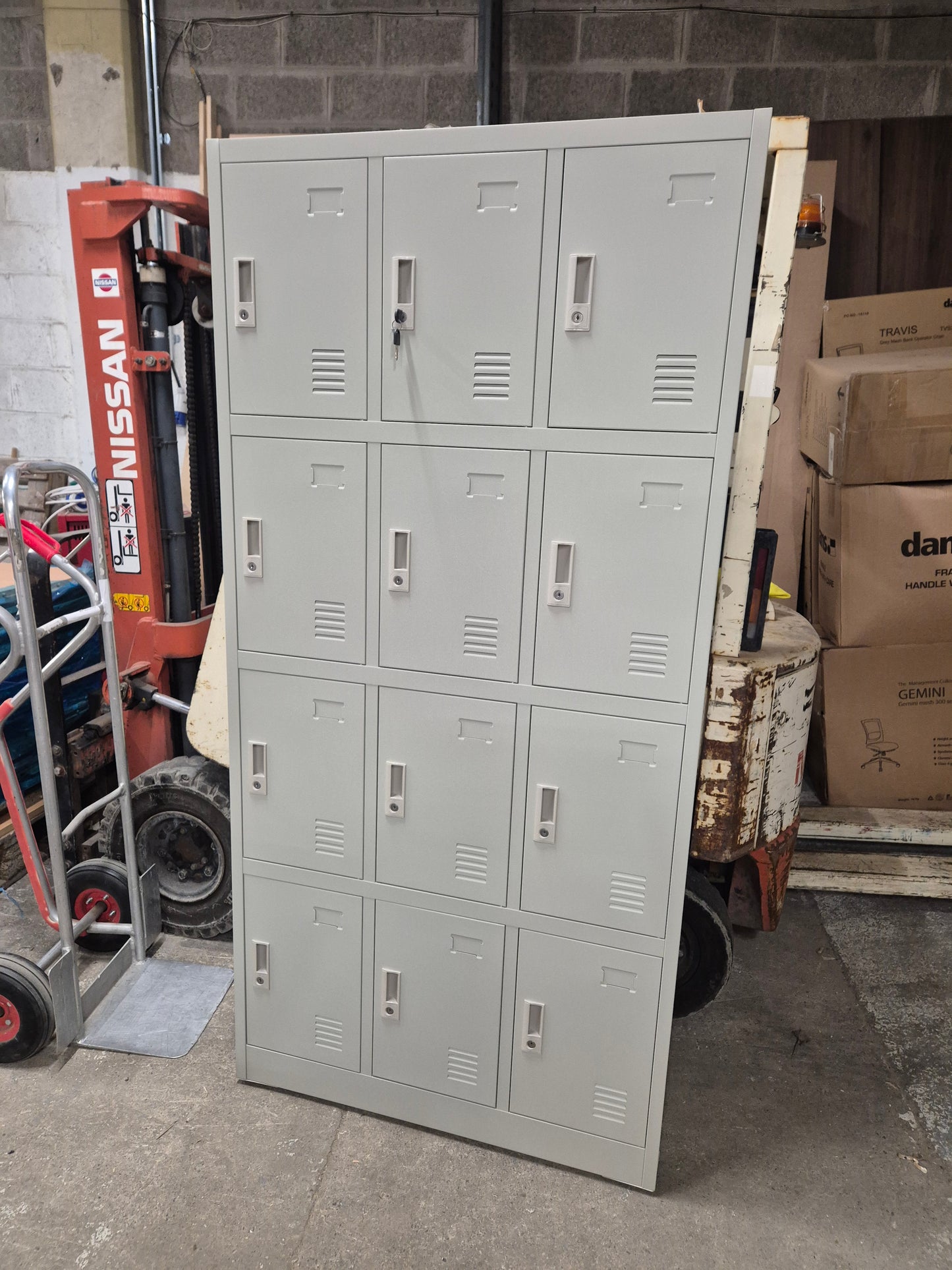 NEW  Stock 12 door personal lockers with keys in grey metal 900W x 400D x 1850H