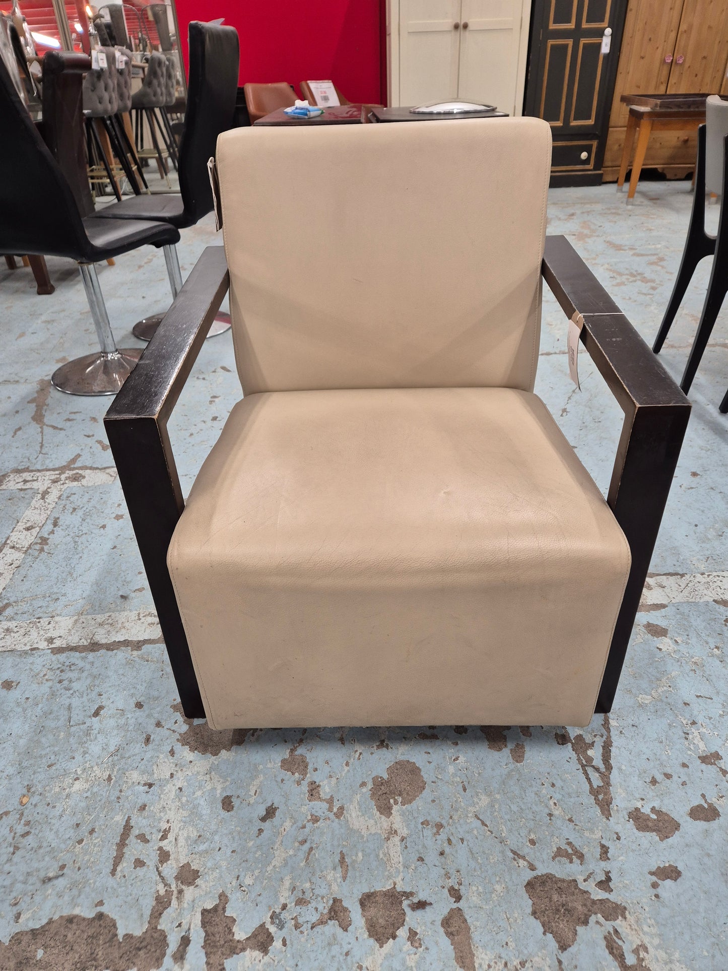 Solid wood stained frame RECEPTION lounge chair with cream leather finish