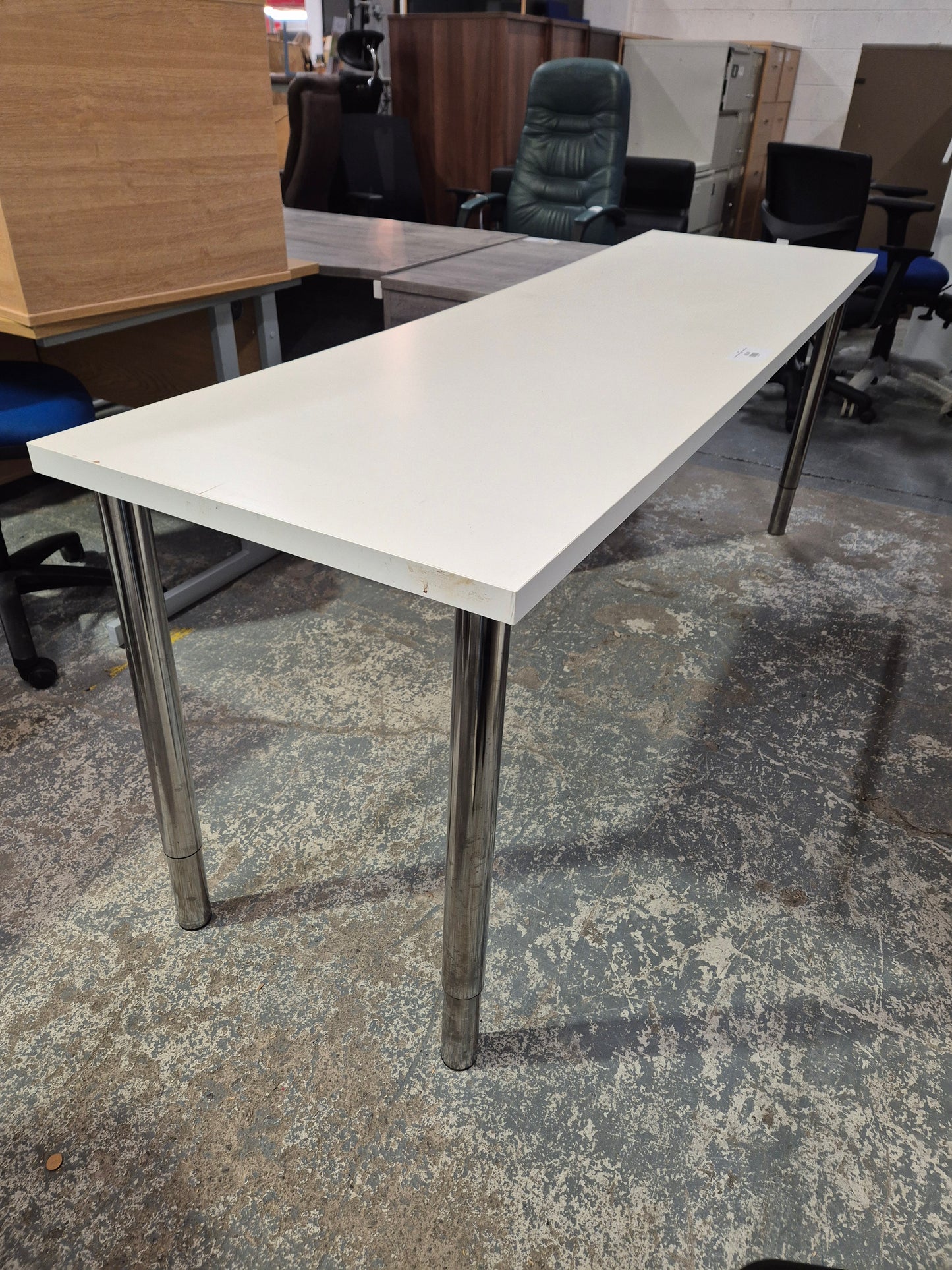 Large white laminate study desk with metal tubular legs  4224