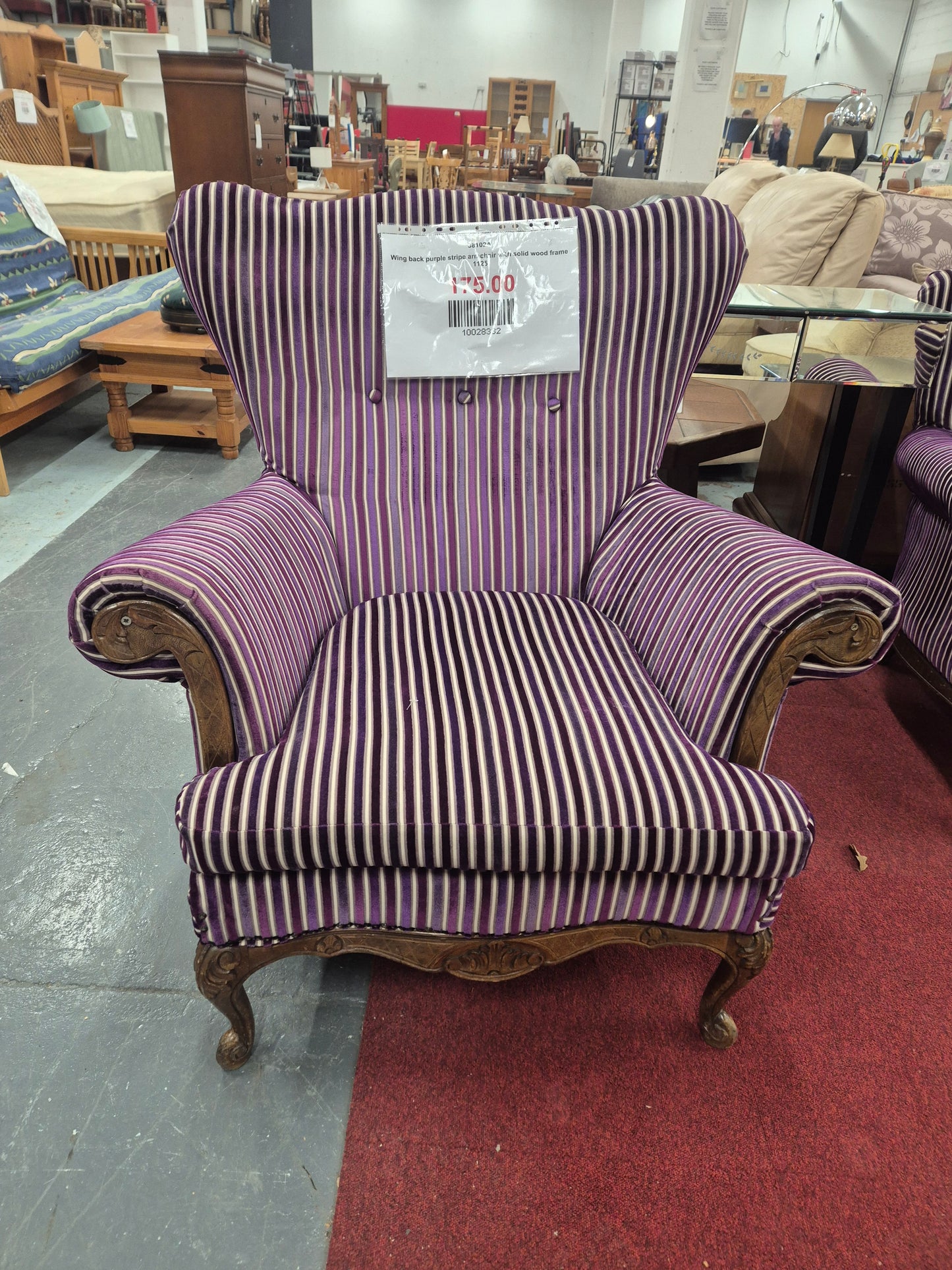 Wing back purple stripe armchair with solid wood frame 1125