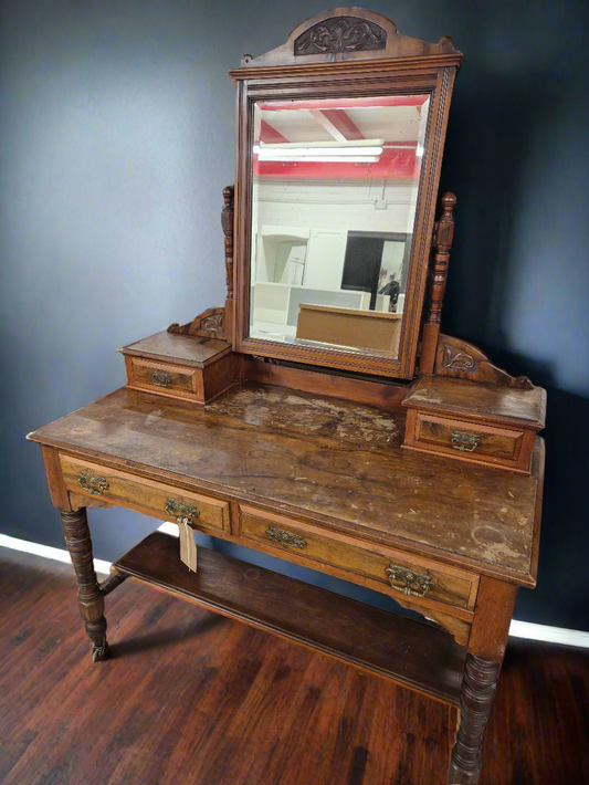 Antique mahogany 2 drawer bedroom dresser with central mirror  4224