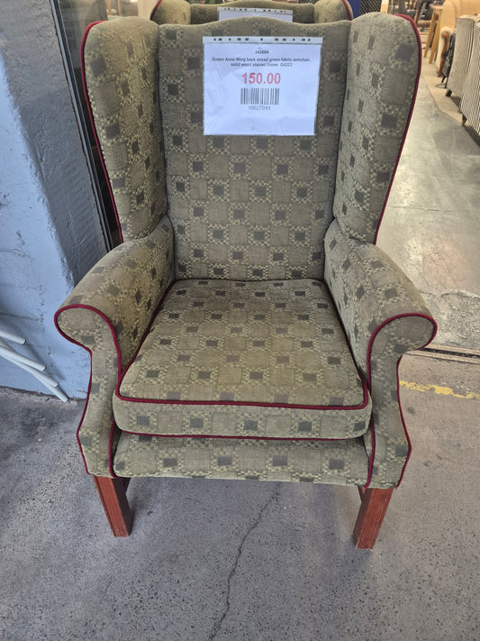 Queen Anne Wing back mixed green fabric armchair, solid wood stained frame  Q4223