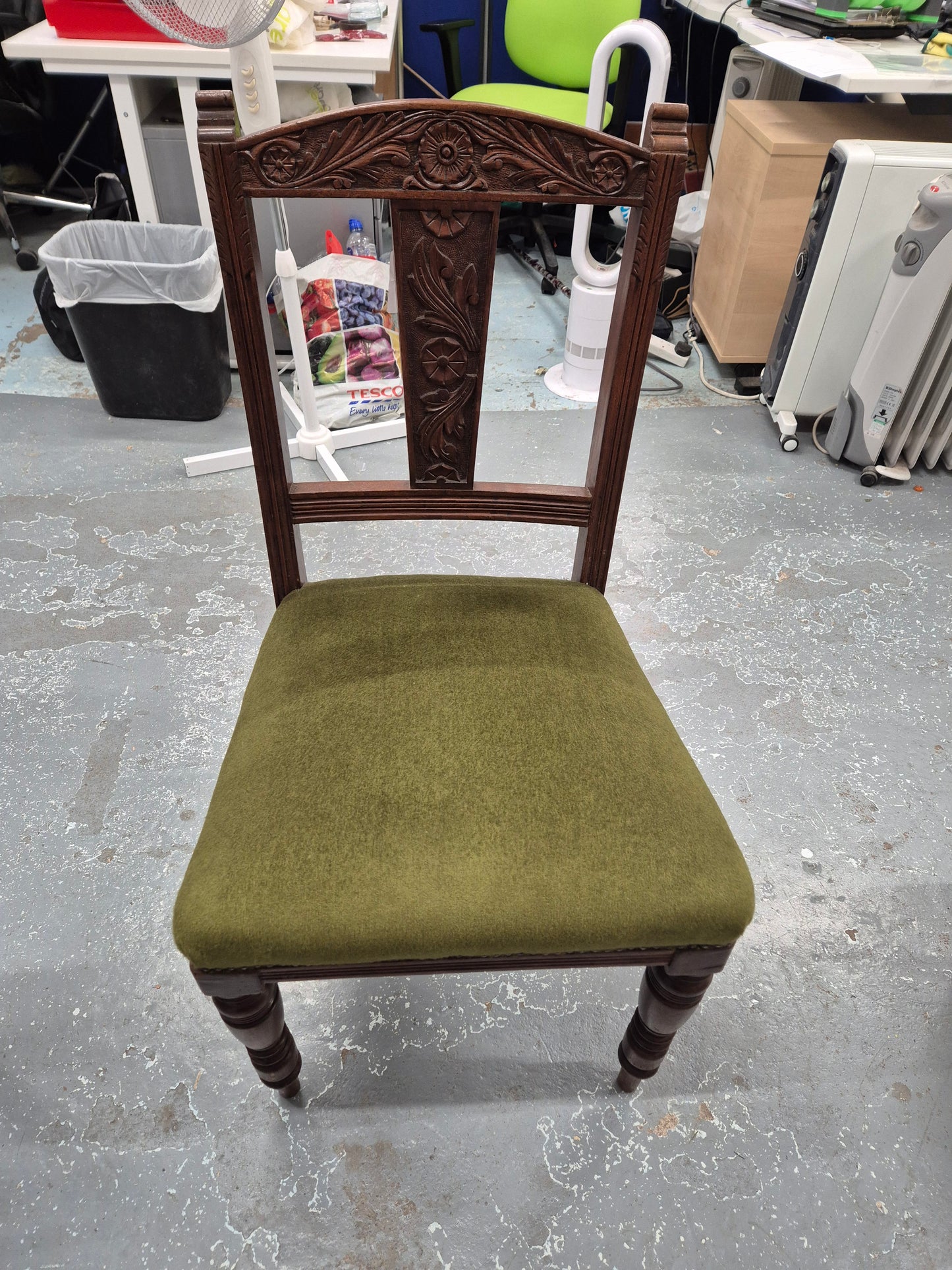 Mahogany stained ornate dining chair with green velour seat fabric  4124