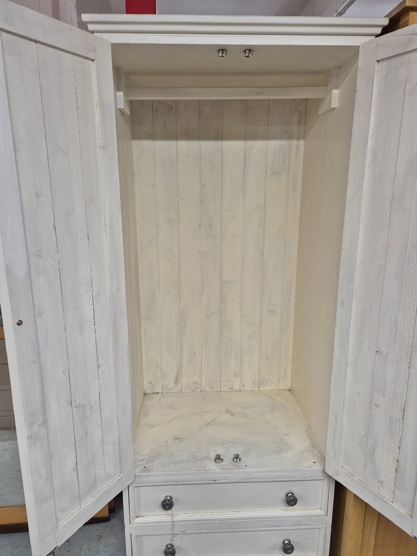 Tall 2 door cream painted solid pine wardrobe with base drawers  1125