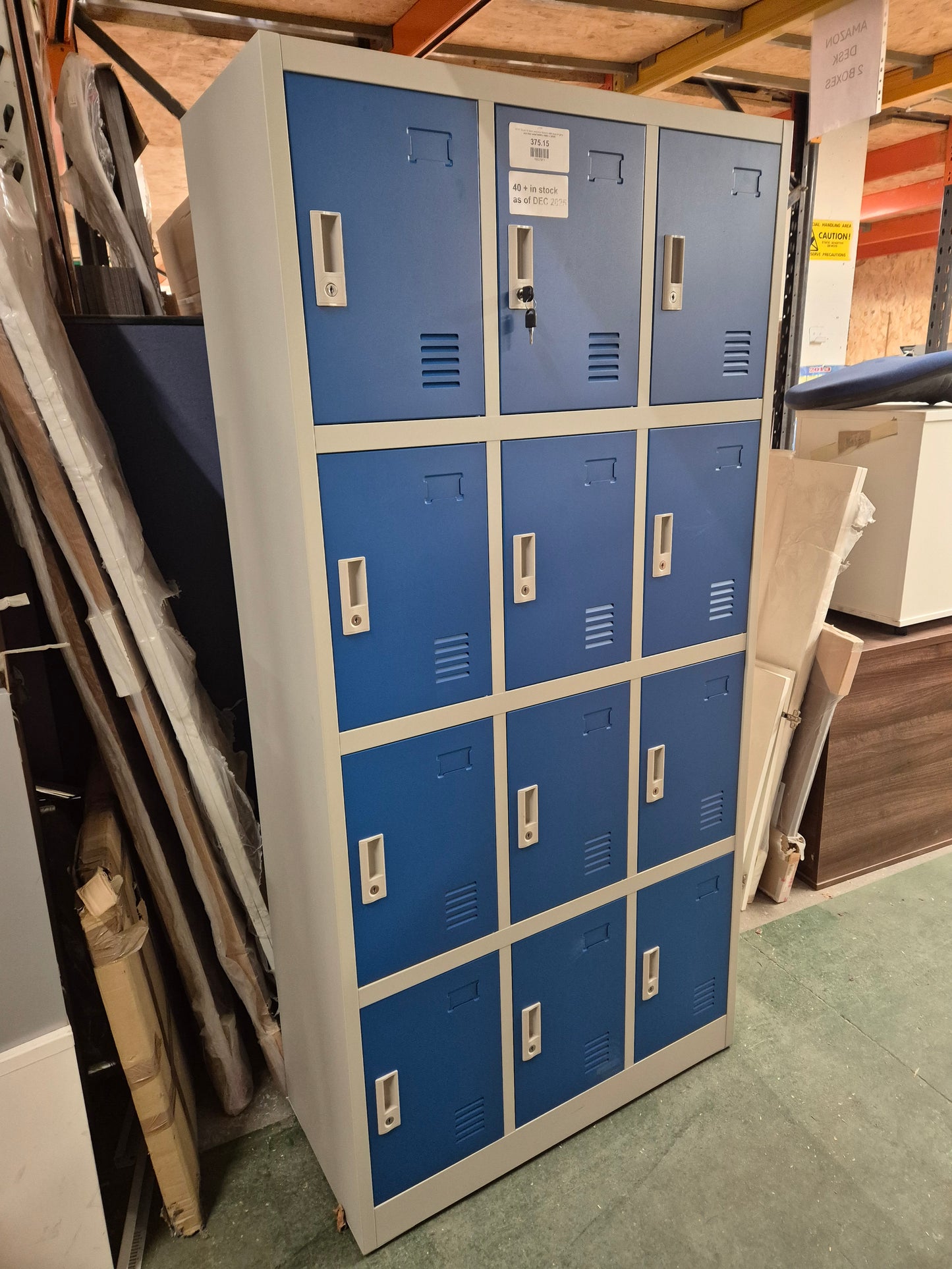 NEW  Stock 12 door personal lockers with keys in grey and blue metal 900W x 400D x 1850H