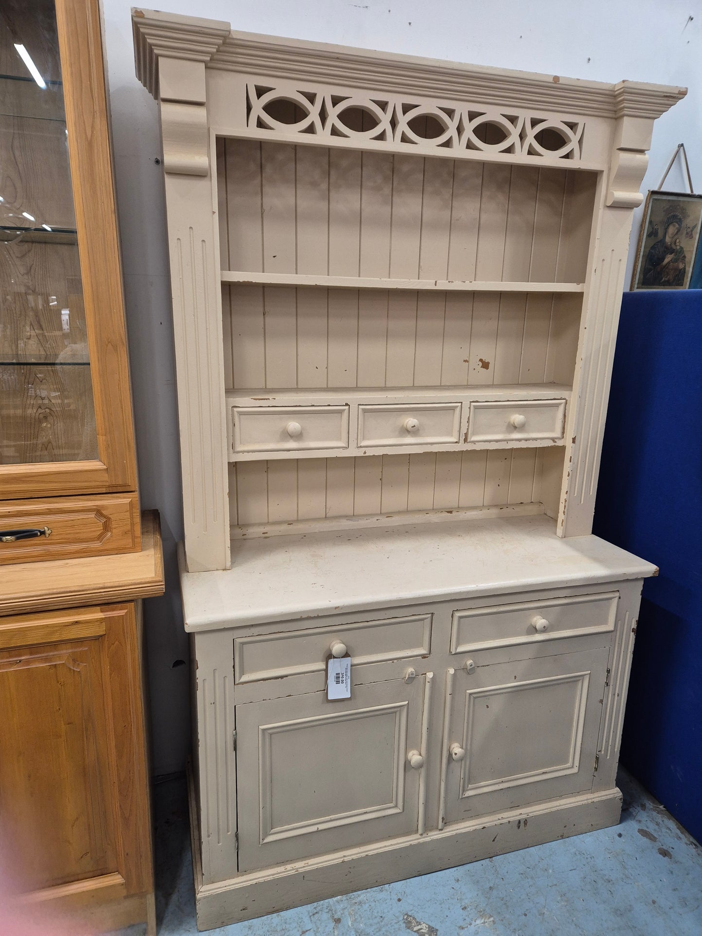 Tall top open cream painted solid wood kitchen dresser with ornate detail and base doors  1125