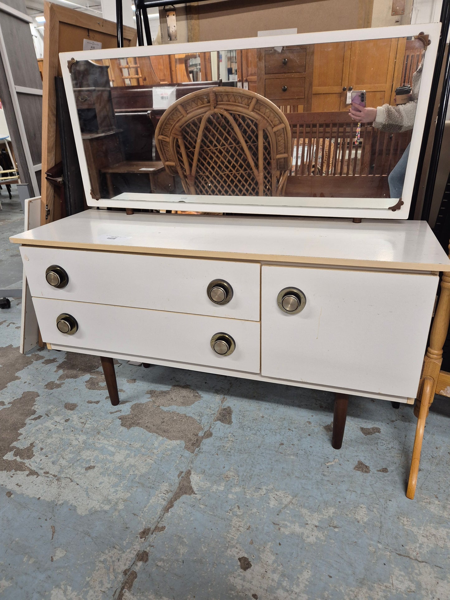 Retro white laminate 2 drawer 1 door bedroom dresser with mirror (circ handles) 3324