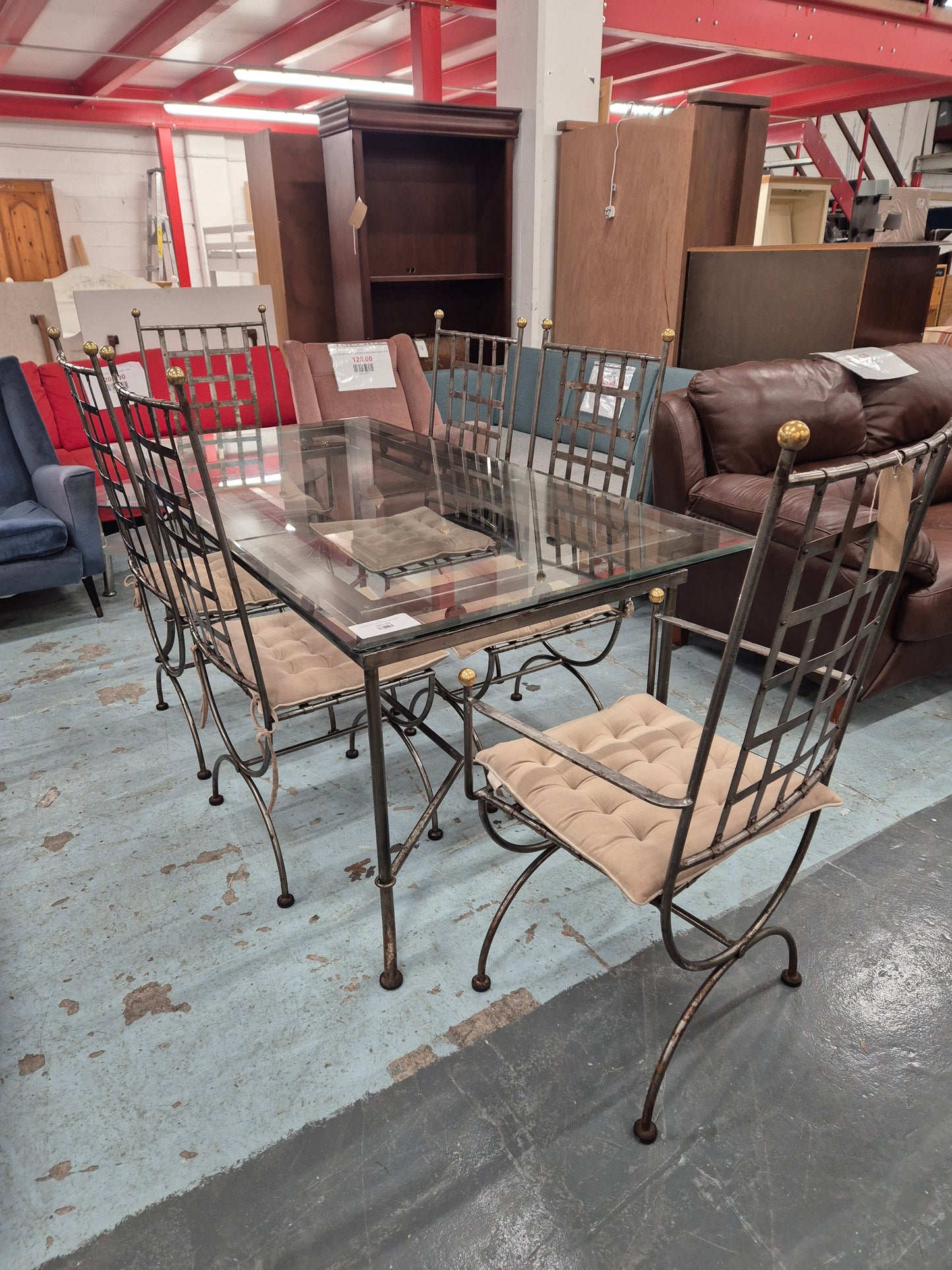 Ornate silver metal framed, rectangular glass top dining table with 6 no. metal chairs with cushions 4224