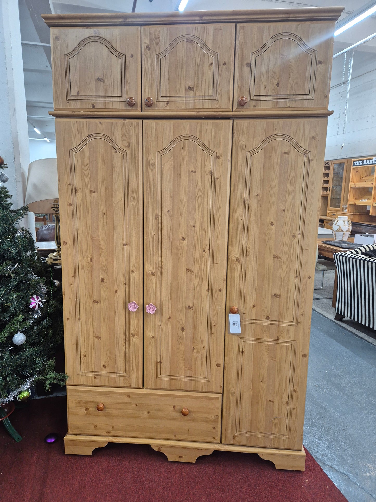 Tall 3 door 1 drawer pine laminated wardrobe with 3 door overhead storage  4224