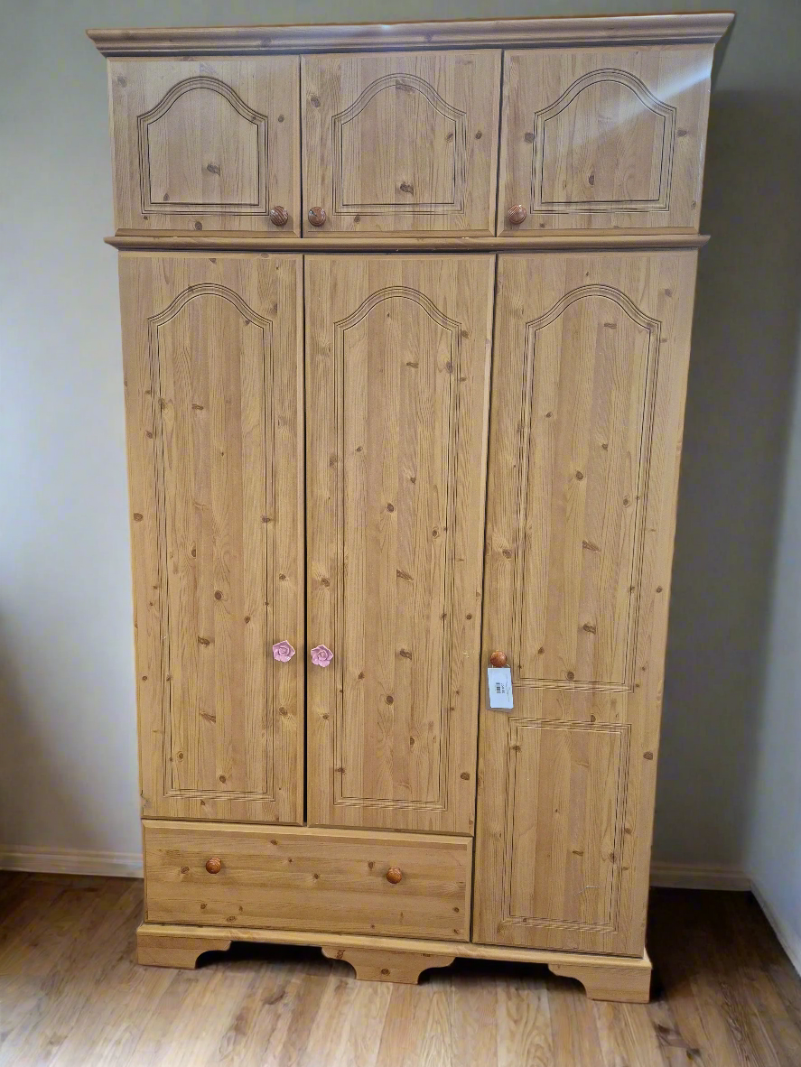 Tall 3 door 1 drawer pine laminated wardrobe with 3 door overhead storage  4224